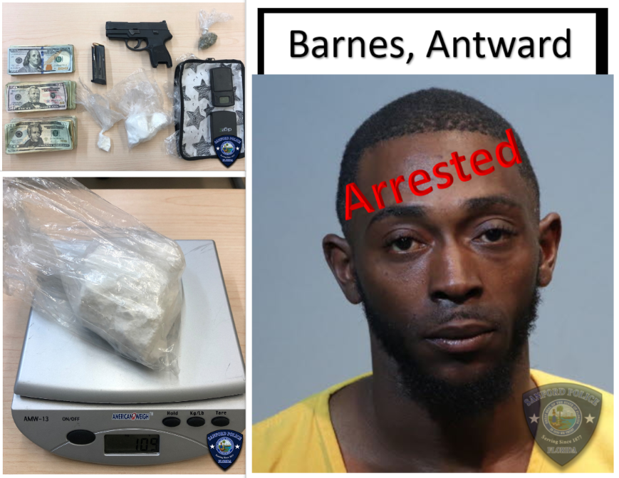SanfordPolice's tweet photo. #Arrest Mon, Jan. 13, our Neighborhood Response Unit conducted a traffic stop in Windchase Apartments. The driver, Antward Barnes, was found to be in possession of approximately 114 grams of Cocaine Hydrochloride, a 9mm Sig P250 pistol & $2296.#GreatWork #MakingOurCommunitySafer https://t.co/tYq0HuMe2z