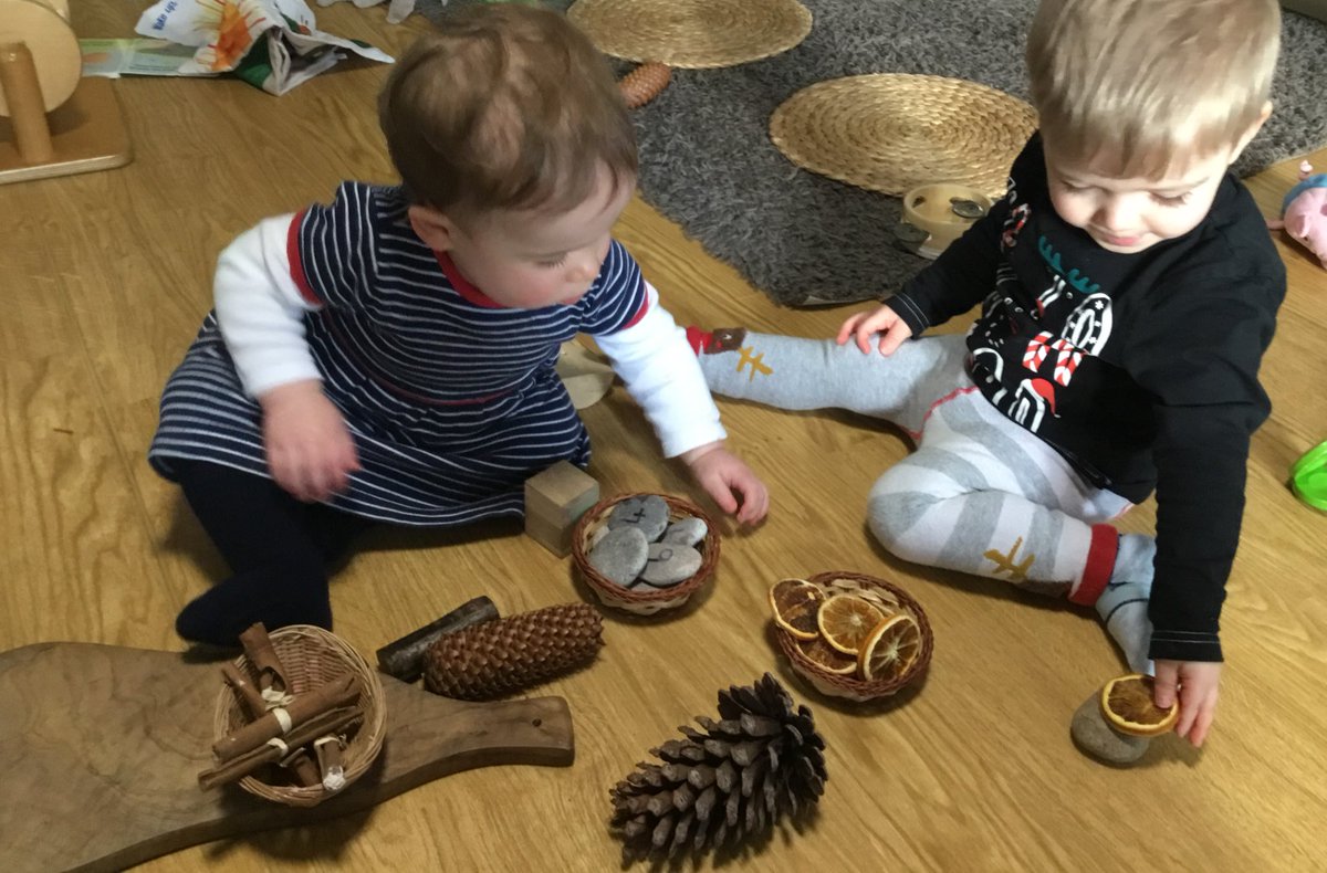 snapatworth's tweet photo. What do these natural resources smell like? Babies moved them around, building, smelling and exploring. #scented #cinnamonsticks #driedoranges https://t.co/iXM2EXr1F9