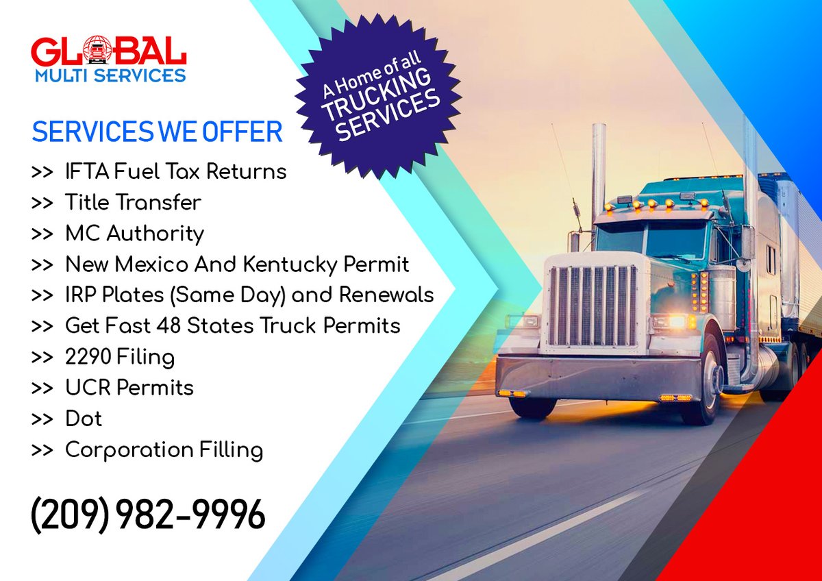 ManeetpDeol's tweet photo. Global Multi Services Inc provides Services #truckingpermits #fuelrecord #IFTA #IFTAtaxreturn #corporationfilling #IFTAfilling #FuelTax #irp #IRPplatesrenewal #stockton #california #america #usa https://t.co/iDt2mq0eOz