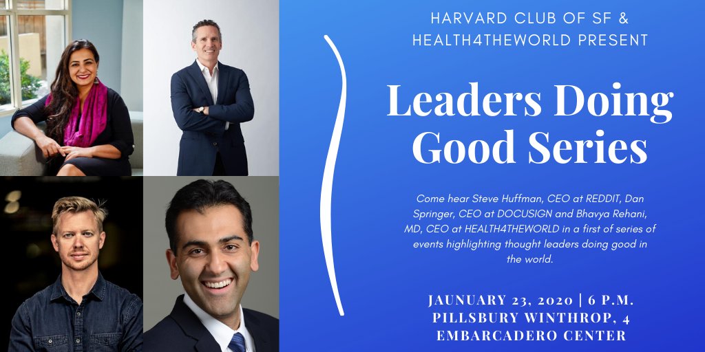 CharityH4TW's tweet photo. We are co-sponsoring an event with Harvard Club of SF on "Leaders doing good: featuring CEOs of Reddit, Docusign and Health4theworld". The event will be moderated by Dr Ankur Bharija, Co-founder Health4theworld & will be in SF on Jan 23 at 6 pm.
#tech #nonprofit #startup https://t.co/RazBwoBED9