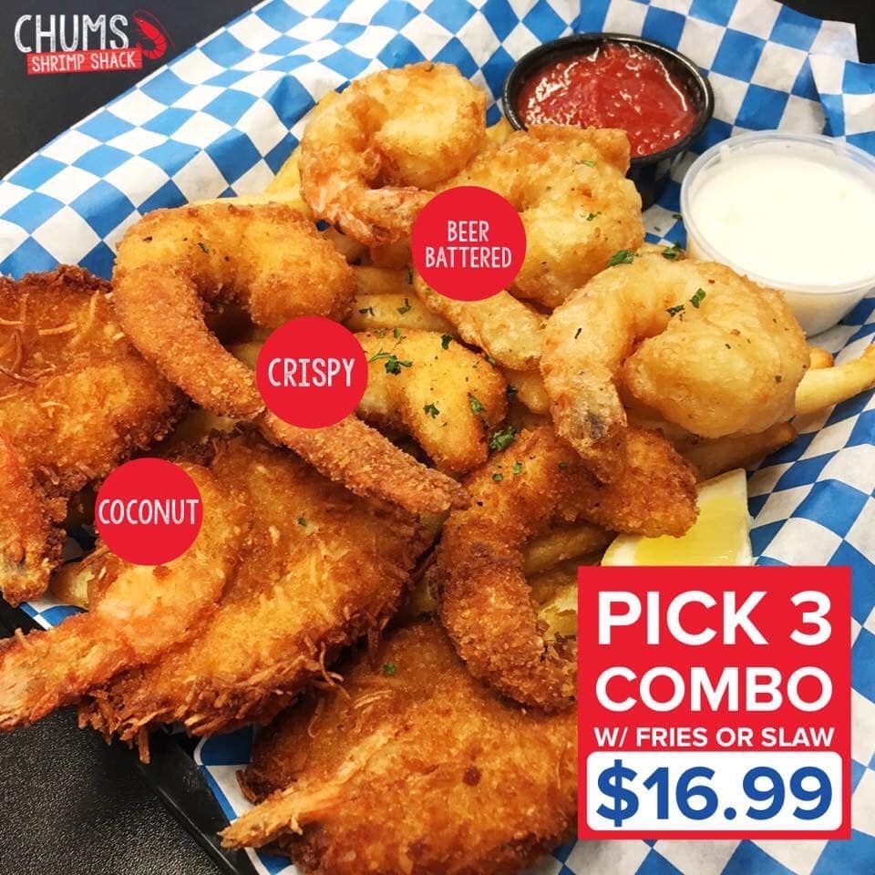 Having trouble deciding which kind of Shrimp to order? Why not try them all with a pick 3 Combo plate with your choice of fries or slaw, and find out which one is your favorite! 🍤🍤🍤 #chumsshrimp #eastdundee #westdundee #shrimp #coconutshrimp #crispyshrimp #beerbattered