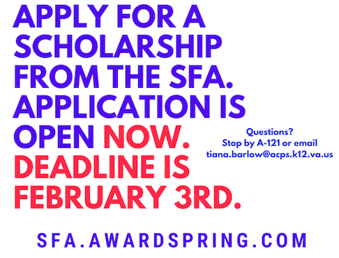 📢📢📢Calling all <a href="/ACPSk12/">Alexandria City Public Schools</a> <a href="/TCW2020/">TCW 2020</a> ...Don't miss out on an SFA College Scholarship! Last year 170 Seniors received a Scholarship. APPLICATION DEADLINE FEB. 3rd 
APPLY NOW: sfa.awardspring.com 
FOR INFO: bit.ly/2tYMi9k  

#ScholarshipsChangeLives #OnlyIfYouApply