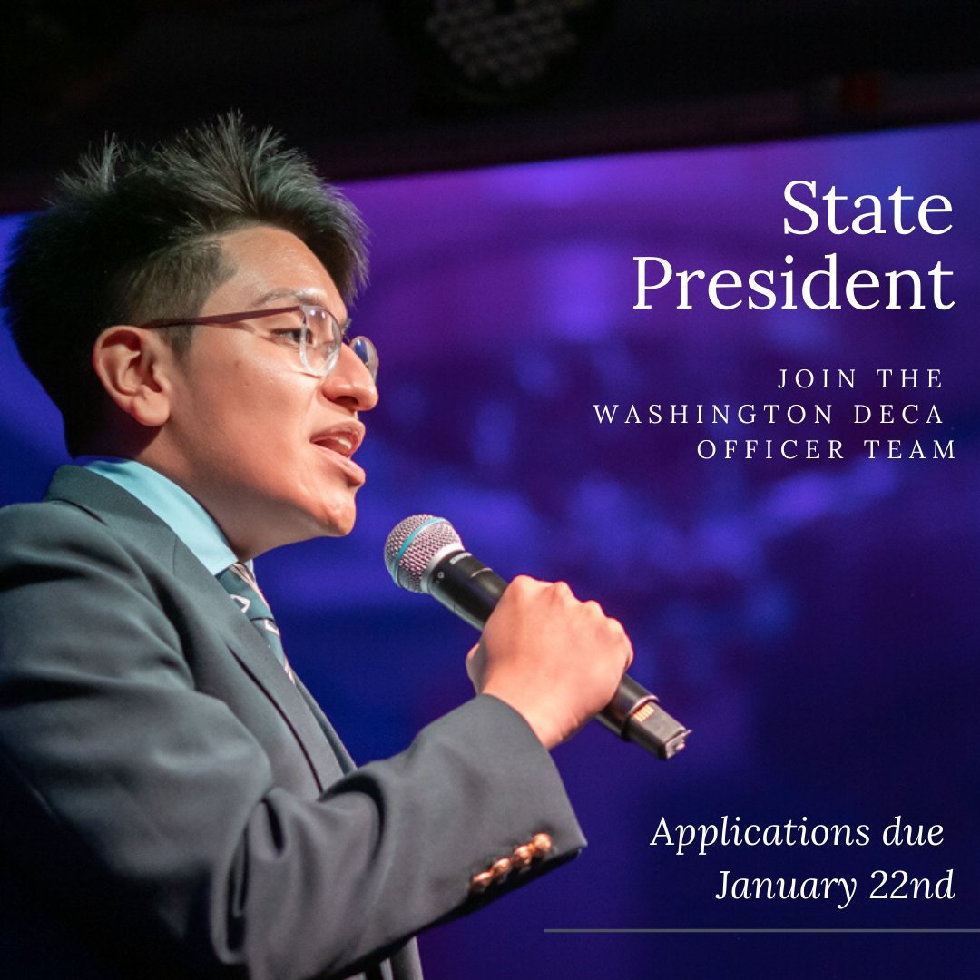 DECA_Washington's tweet photo. "Serving as State President allows me to give back to an organization that has had a positive impact on my life. It has given me the opportunity to enhance the WADECA experience for all 12,000 of our members through our Program of Leadership &amp; the work of the State Officer team.” https://t.co/a3xAWk1WAA