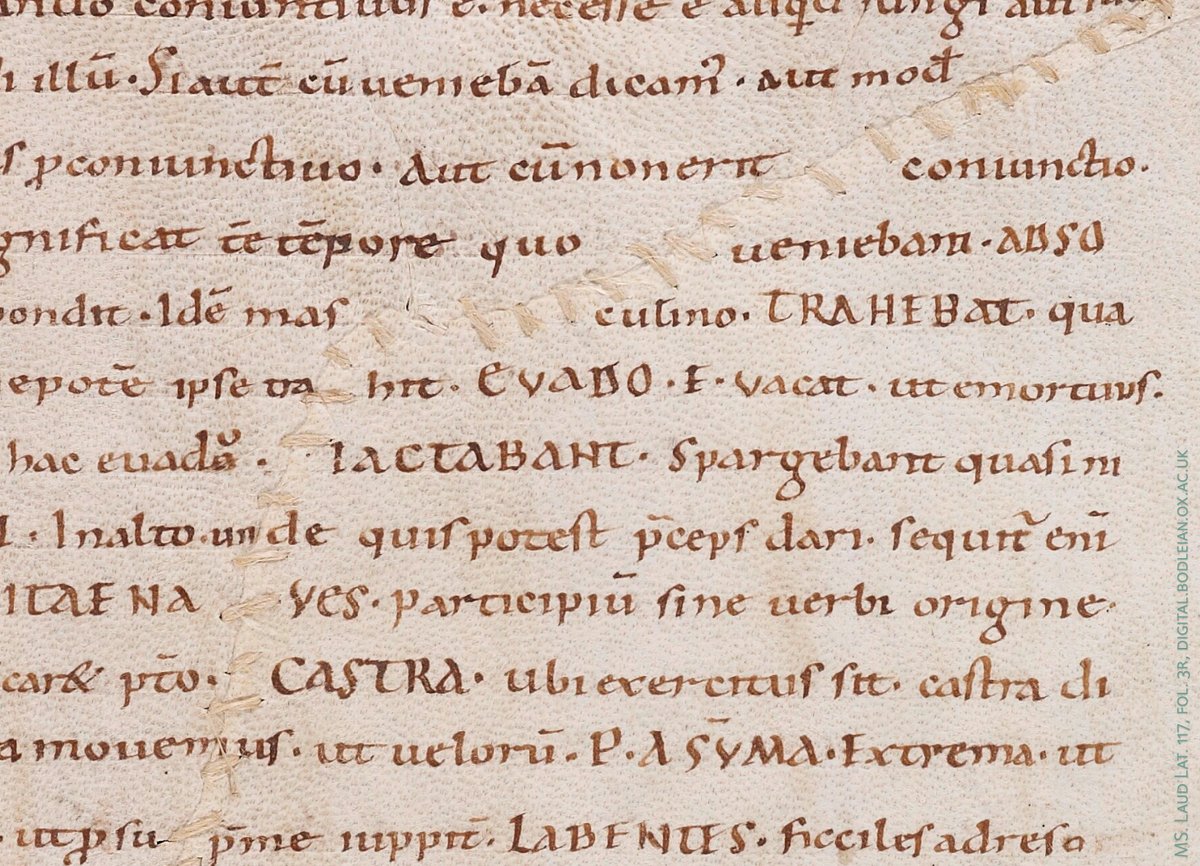 Detail from a medieval manuscript page, with damaged parchment repaired with thread.