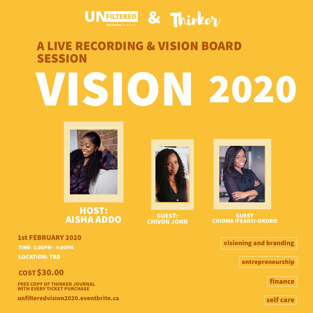 I get to host my first live recording with women I admire! Folks that bring it in all aspects <a href="/ChivonJohn/">Chivon John</a>  <a href="/Chiomaio/">Chioma I-O</a> . SECURE YOUR SPOT 
unfilteredvision2020.eventbrite.ca