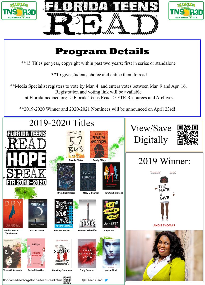 FLTeensRead's tweet photo. In case you needed more info to participate in the #FLTeensRead program & contest. Make sure to register so your Ss can vote for their favorites. It's awesome to have an award that the students choose! @FLTeensRead @TweetFLAlibrary @OCPSnews https://t.co/ftyyKFJ3zE