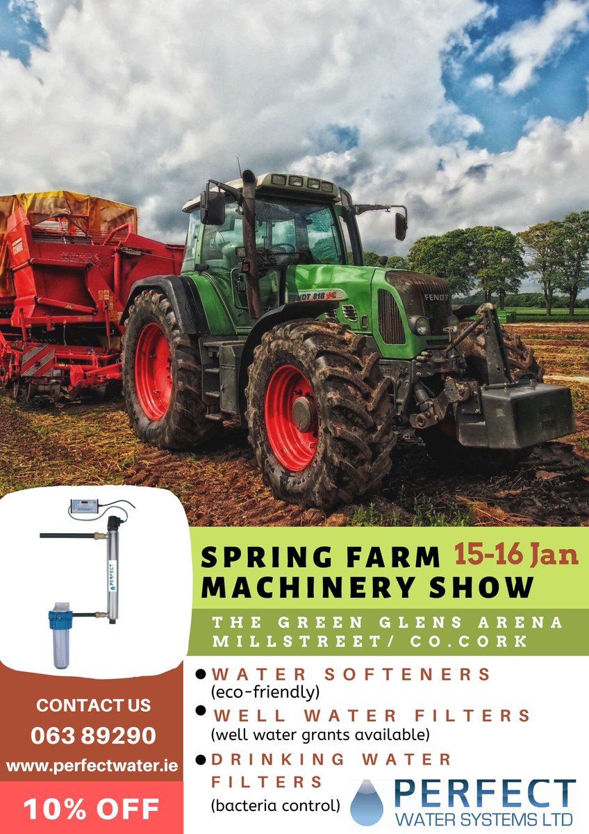 Meet us at the #SpringFarmMachineryShow in The Green Glens Arena, Millstreet, Cork on 15-16 Jan.
Call in to our stand to get the best solution on any water problems!
We offer 10% off on ALL #WaterTreatmentSystems
Ask for a #Free #HardWaterTest.