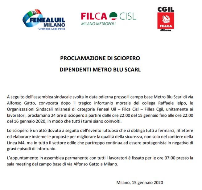 FilleaMilano's tweet photo. Oggi l'assemblea coi lavoratori e la proclamazione di 24 ore di sciopero su tutti i turni, dopo l'infortunio mortale a Milano nel cantiere di M4, in cui ha perso la vita il caposquadra Raffaele Ielpo, di 42 anni.

@filleacgil @cgilnazionale @MilanoCgil @CGILLOMBARDIA https://t.co/lROfSUMZ86