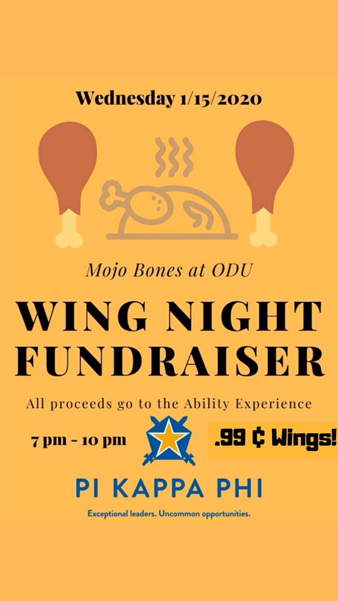 PiKapp_ODU's tweet photo. Don’t forget to stop by our wing night fundraiser at Mojo Bones ODU tonight!
All proceeds go to the #abilityexperience !
Come get some 🍗 and support a great cause!
#rushpikapp #odu #wingnight https://t.co/j3l5DNqhlw