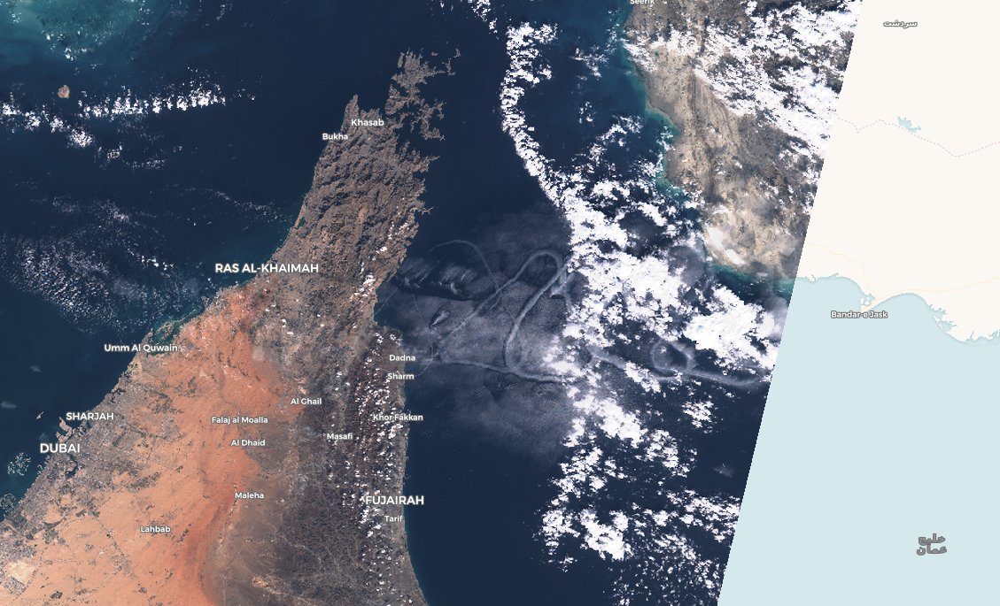 sgascoin's tweet image. What are these triangle clouds in the Gulf of Oman!? It looks like contrails but why this trajectory? #Geomystery Image captured on 2020-Jan-09 by #Sentinel2 @CopernicusEU @HarelDan
