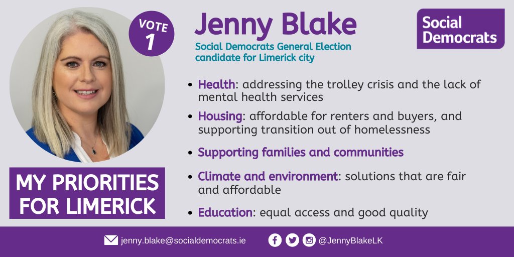 My priorities for #Limerick are: health; housing; supporting families and communities; climate and environment; and education. I'm looking forward to meeting you to discuss your own issues. #StrengthInCommunity #GE2020 #VoteJenny