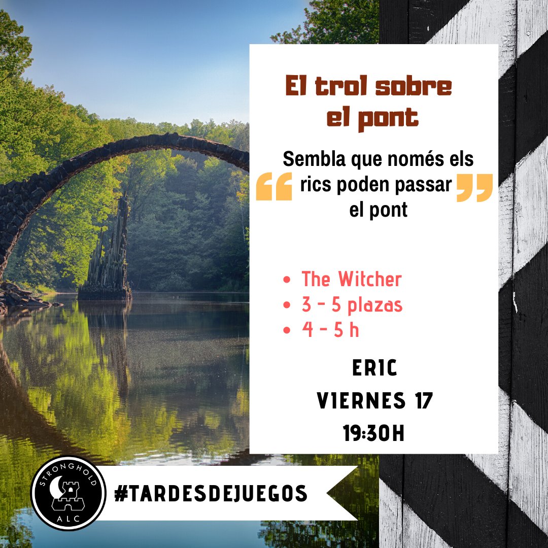 ALC_Stronghold's tweet photo. Partidetes de #rol per aquest divendres a la #tardadejocs!
A les 19:30 "El trol sobre el pont" una partida de "The Witcher" i a les 21h "El Museu" una divertida i estrambòtica partida amb sistema XD6. Us apunteu?
#rol #rolbarcelona #xd6 #thewitcher #elhechicero #juegosderol https://t.co/MmYaYqasEw