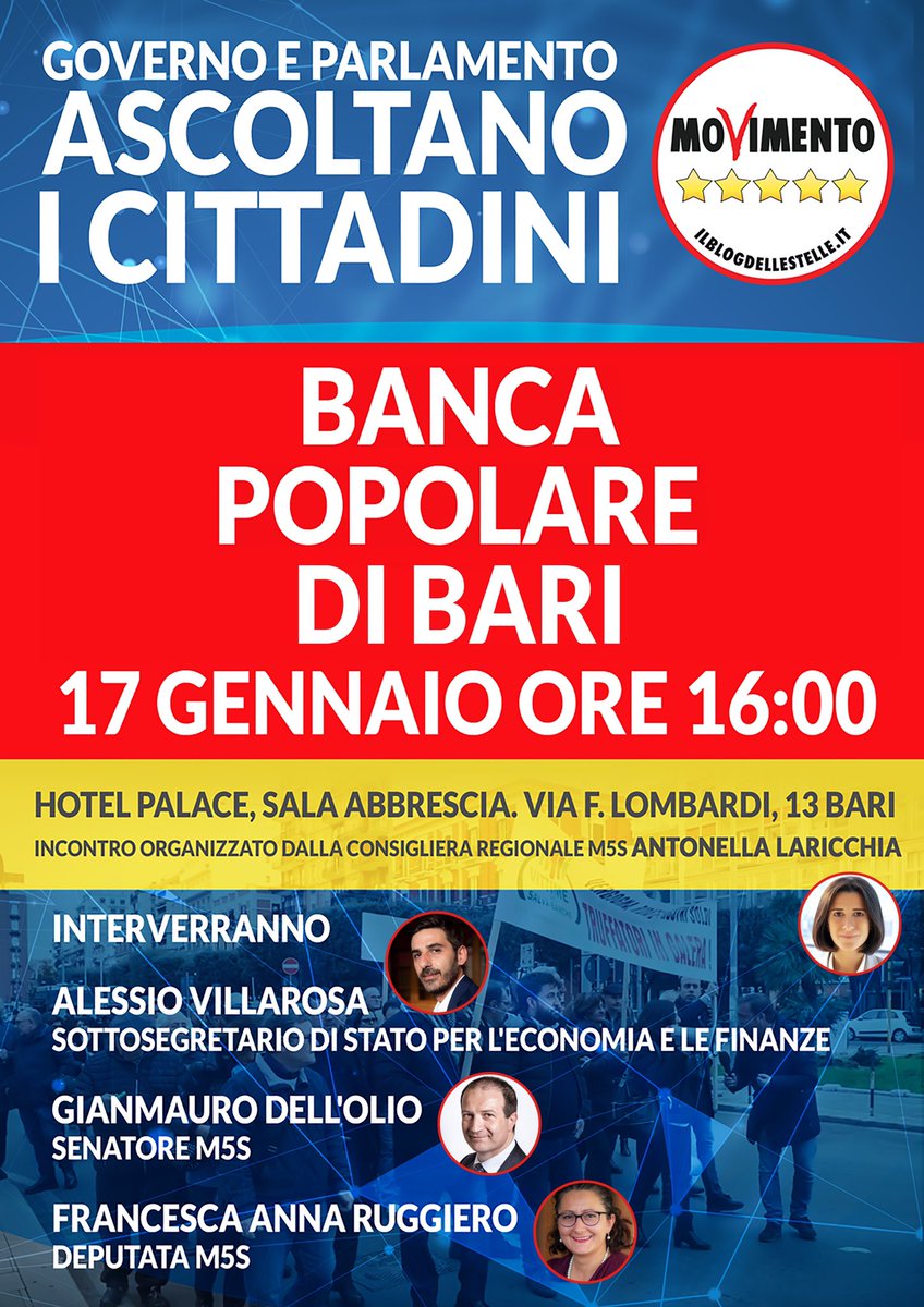 #BancaPopolareDiBari, venerdì 17 gennaio, incontro con le famiglie e il governo nazionale.
Ascoltiamo le richieste dei risparmiatori.
#Bari #Puglia #M5S
LEGGI QUI: bit.ly/30mLOpH