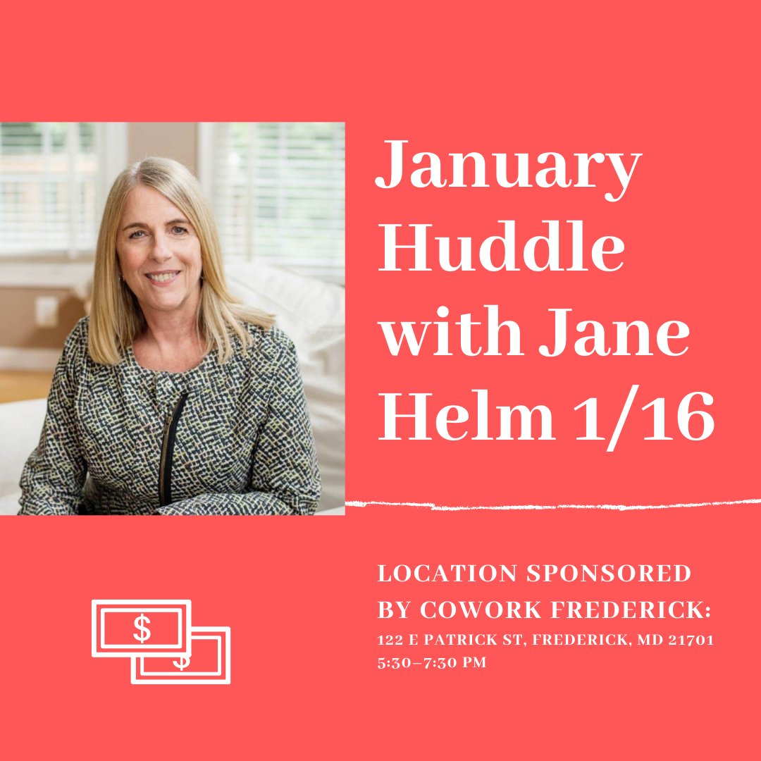 This a gentle reminder that there are still a few tickets available for tomorrow's January Huddle with Jane Helm, a local financial coach, at Cowork Frederick from 5:30–7:30 PM!💸💸

For more information: eventbrite.com/e/aaf-huddle-f…