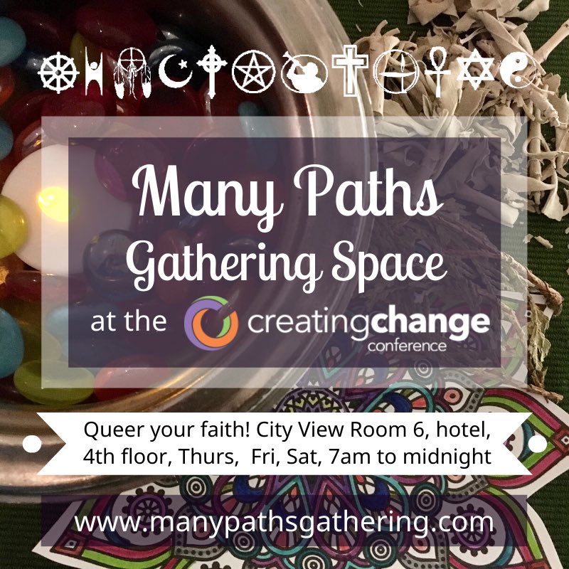 HeartsTransform's tweet photo. If you’re all about #queeringfaith at #CC20, visit the Many Paths Gathering Space! Open all day Thurs, Fri, Sat, for breathing space, spiritual practice, ritual, and more. Visit https://t.co/hJk29xeyYU for a schedule of offerings. Open to all. @TheTaskForce https://t.co/ttwKh8qIIf