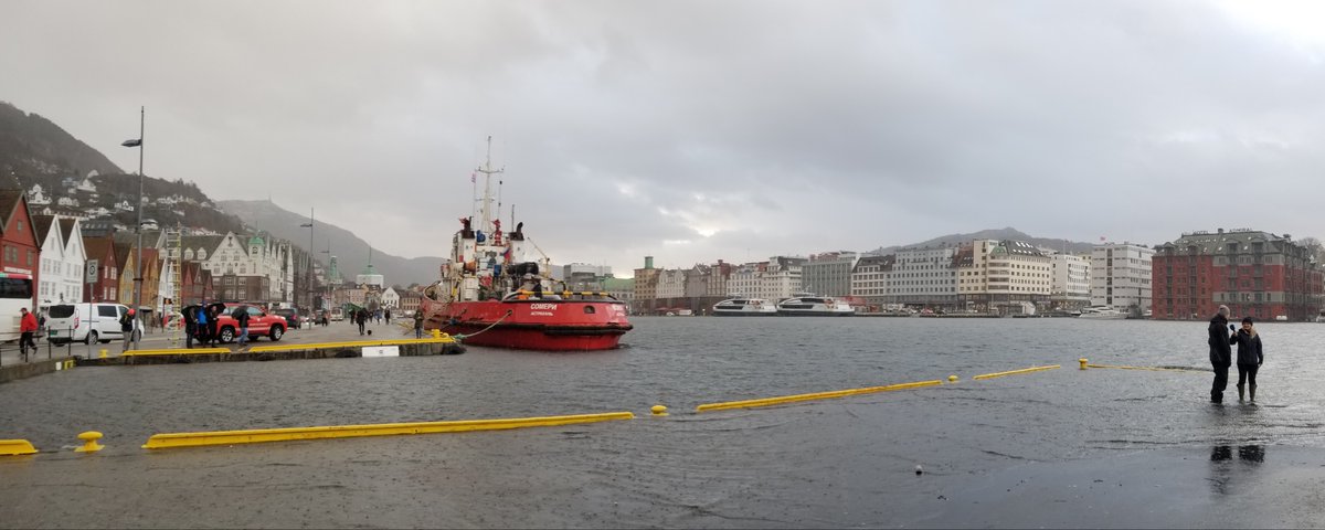 An extra high tide, strong wind and low air pressure make for high sea levels in Bergen, almost flooding the old harbour city: a glimpse into the future?
