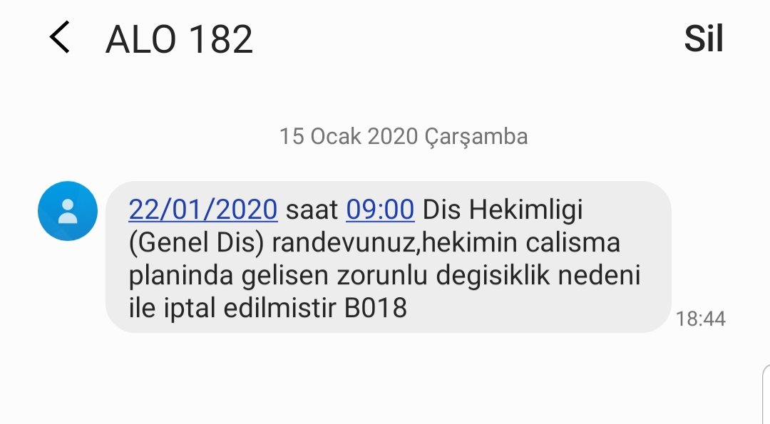 Yıl 2020 birden dişiniz agrıyor ve doktora gitmek istiyorsunuz hemde 1 bucuk milyonluk buyuksehirde en erken randevu 25 gun sonra onuda 3 aydir randevuya 1 hafta kala boyle mesaj gonderip iptal ediyorlar kardesim doktorda insan ogun calismayabilir ama randevu iptal etmek ne demek