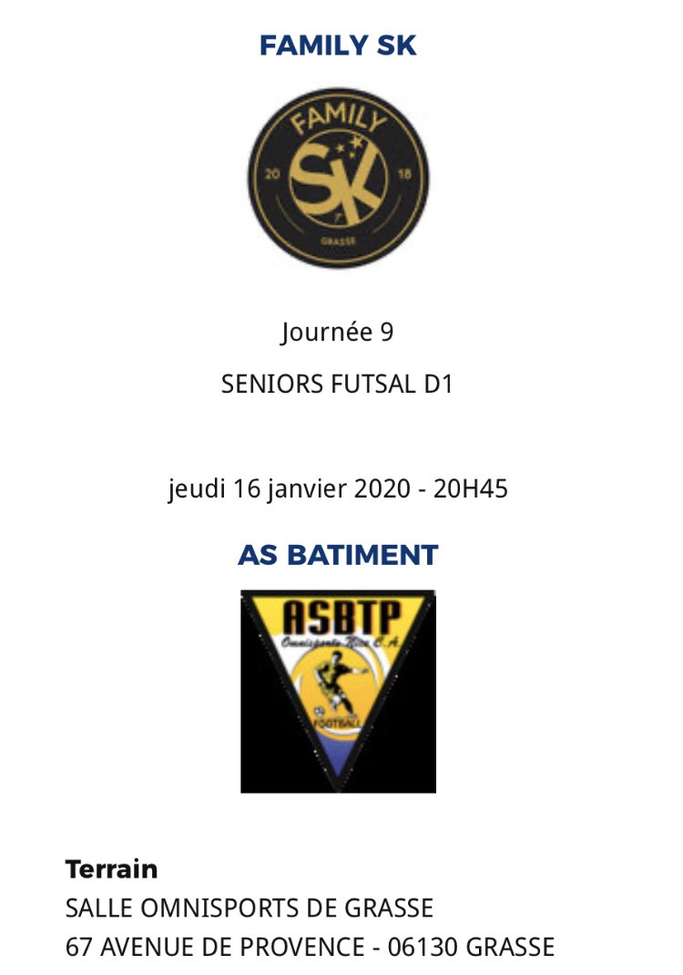 FAMILY SK Association (@skassociation) on Twitter photo Rendez-vous demain 20h30 pour le 9ème et dernier match aller du championnat D1, contre BÂTIMENT à domicile. <a href="/UEFAFutsal/">UEFA Futsal</a> <a href="/futsalplanet97/">Futsalplanet.com</a> Rendez-vous demain 20h30 pour le 9ème et dernier match aller du championnat D1, contre BÂTIMENT à domicile. <a href="/UEFAFutsal/">UEFA Futsal</a> <a href="/futsalplanet97/">Futsalplanet.com</a>