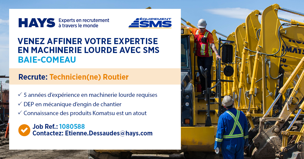 ConstructHays's tweet photo. Rejoignez Équipement SMS, une organisation qui s’investit dans le respect de l'équilibre entre votre vie professionnelle et personnelle. Cliquez ici pour en savoir plus: https://t.co/5dPJPDJhNN

#nousembauchons #technicienroutier #technicienneroutier #baiecomeau https://t.co/ZWcnTmHlU6
