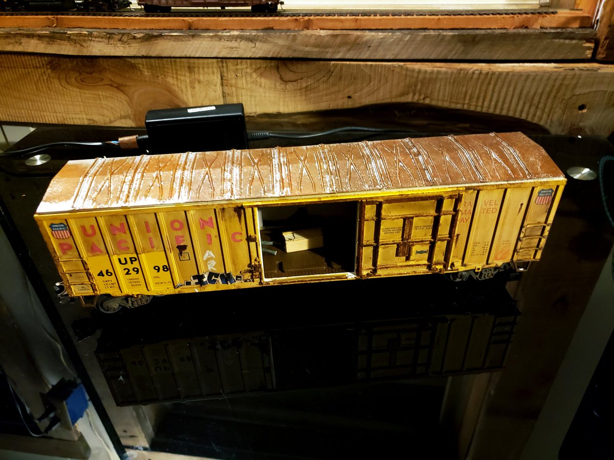 touch_model's tweet photo. Here is the O Scale Boxcar we worked on last night during the live video! Thank you to everyone who partipated. I added some debris inside which still a work in progress! @ModelRRAcademy @MTHTrains @AtlasRR @Lionel_Trains @bachmanntrains @waltherstrains @microscaledecal #ogauge https://t.co/IxQGFjMhrV
