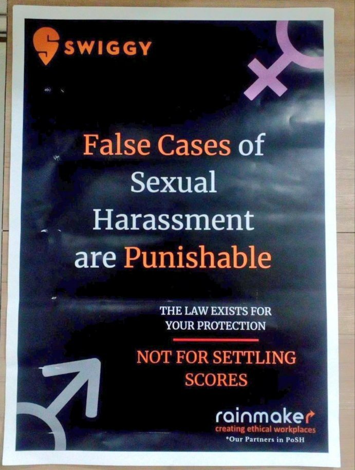 suman2600's tweet photo. Increasing #FakeCases of Sexual harassment effect on #MaleEmployee of various company. Thanks to @swiggy_in @SwiggyCares that they aware staff on #GenderNutral basis. But law makers & Judiciary not understand the reality. #MenToo R Human @RNTata2000 @narendramodi_in @IBM @kfc https://t.co/Ya8X4fJaAF
