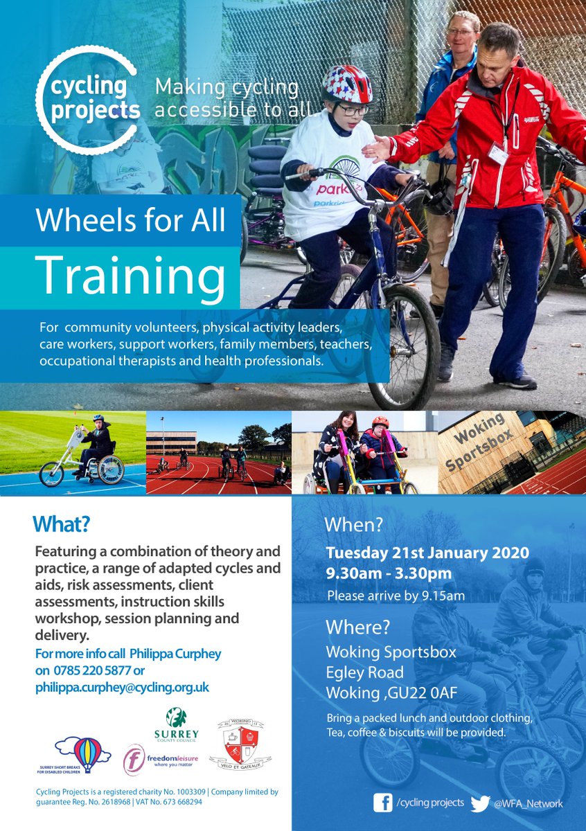 We've got free Wheels for All supporter training in Woking on 21st Jan at Woking Sportsbox - ideal for volunteers who want to support our WFA sessions @ActiveSurrey <a href="/PBSN_Surrey/">Surrey PBS Network</a> <a href="/surreyca/">Surrey Community Action</a> <a href="/D_Challengers/">Challengers</a> <a href="/WokingCC/">Woking Cycling Club</a> <a href="/girlsaliveuk/">girls ALIVE</a> <a href="/wokingcouncil/">Woking Council</a> <a href="/LeonardCheshire/">Leonard Cheshire</a> <a href="/mencap_charity/">Mencap</a>