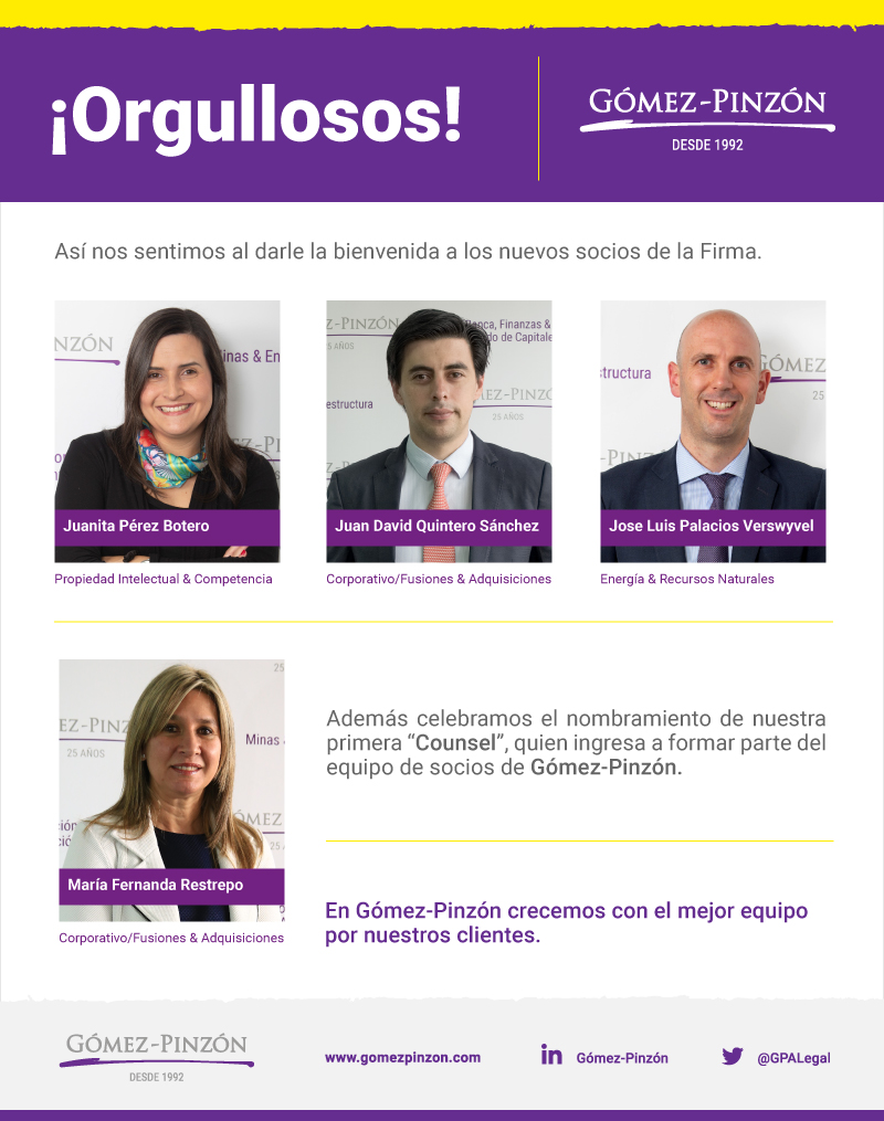 GPALegal's tweet photo. ¡Iniciamos el año con excelentes noticias! Juanita Pérez, José Luis Palacios y Juan David Quintero fueron nombrados como los nuevos socios de Gómez-Pinzón, junto a María Fernanda Restrepo, quien será nuestra primera "Counsel". #OrgulloGPA
Más información: https://t.co/a17TcRtMj1 https://t.co/TWBcVhr2Tm