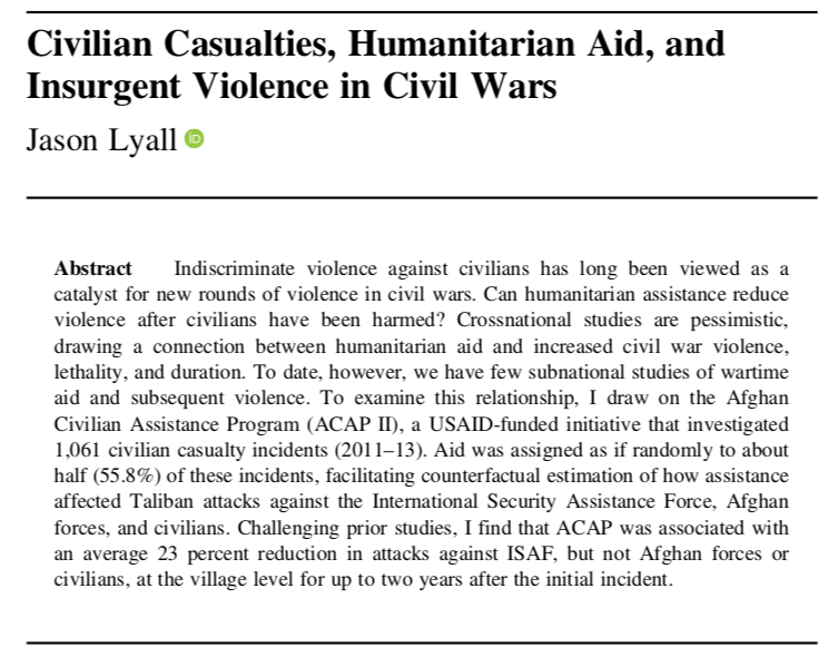 Austin L. Wright (@austinlwright) on Twitter photo <a href="/jaylyall_red5/">Jason Lyall</a>'s recent IO on civilian casualties and humanitarian aid is a master class in investigating heterogeneous effects/mechanisms and thinking carefully about the source of variation driving the magnitude of effects in DiD estimates (see Figure 3). <a href="/jaylyall_red5/">Jason Lyall</a>'s recent IO on civilian casualties and humanitarian aid is a master class in investigating heterogeneous effects/mechanisms and thinking carefully about the source of variation driving the magnitude of effects in DiD estimates (see Figure 3).