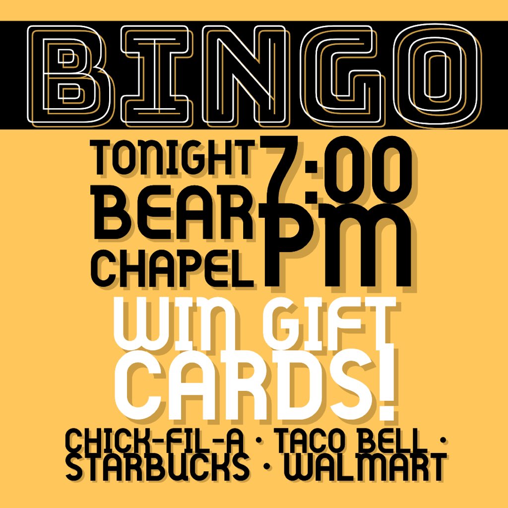 msuchialpha's tweet photo. Tonight in Bear Chapel! We’ll be giving out king size candy bars, and gift cards to Chick-fil-A, Taco Bell, Starbucks, and Walmart! Bring your fiends and get ready for some BINGO! https://t.co/QLazjmqGgO