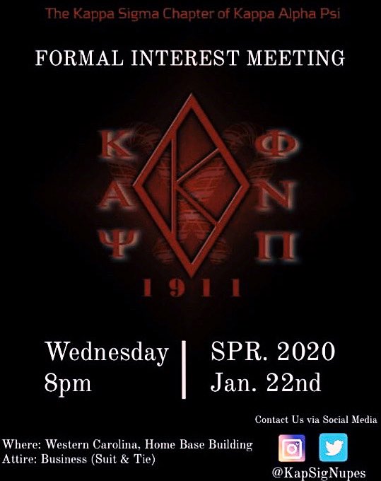 kapsignupes's tweet photo. For anyone wanting more information on the illustrious Kappa Sigma Chapter of Kappa Alpha Psi Fraternity, Inc. and the membership process.. please feel free to come to our formal interest meeting. For any further questions or concerns DM the page privately. Thank you. https://t.co/wa4ATWZZjC