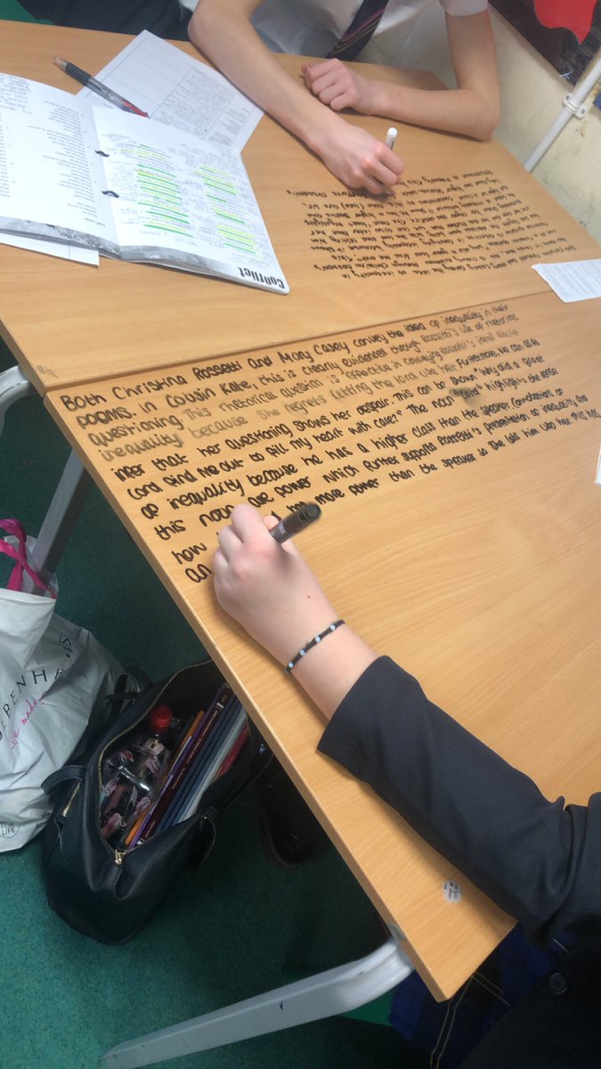 Miss_White91's tweet image. Year 11 very reluctant to write an exam response... until we ditched the books and wrote on the tables 🙌🏻 #NQT  @Team_English1 #GCSE
