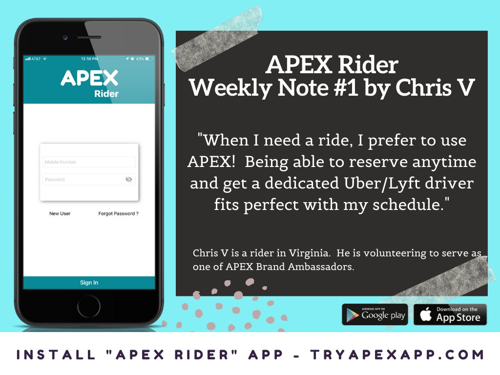 TryAPEX's tweet photo. "When I need a ride, I prefer to use APEX!  Being able to reserve anytime and get a dedicated Uber/Lyft driver fits perfect with my schedule." Chris V.

Get the APEX Rider app today!  https://t.co/eA3oyElJF6

#apex #apexrider #uber #uberrider #lyft #lyftrider #rideshare https://t.co/GRyetBewSi