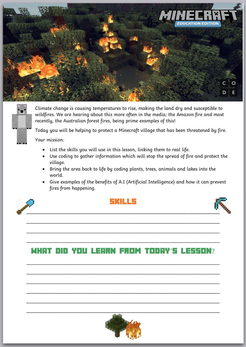 MrsOrrCPS's tweet image. P6 loved this #ComputingScience #STEM lesson today, using @PlayCraftLearn ✨Use code to protect the forest from fire! Great if you’ve been discussing the Australian fires! Thanks @codeorg you inspired me to create my own lesson & resources!😊✨#StrathPGDE #StrathBA #DigiLearnScot