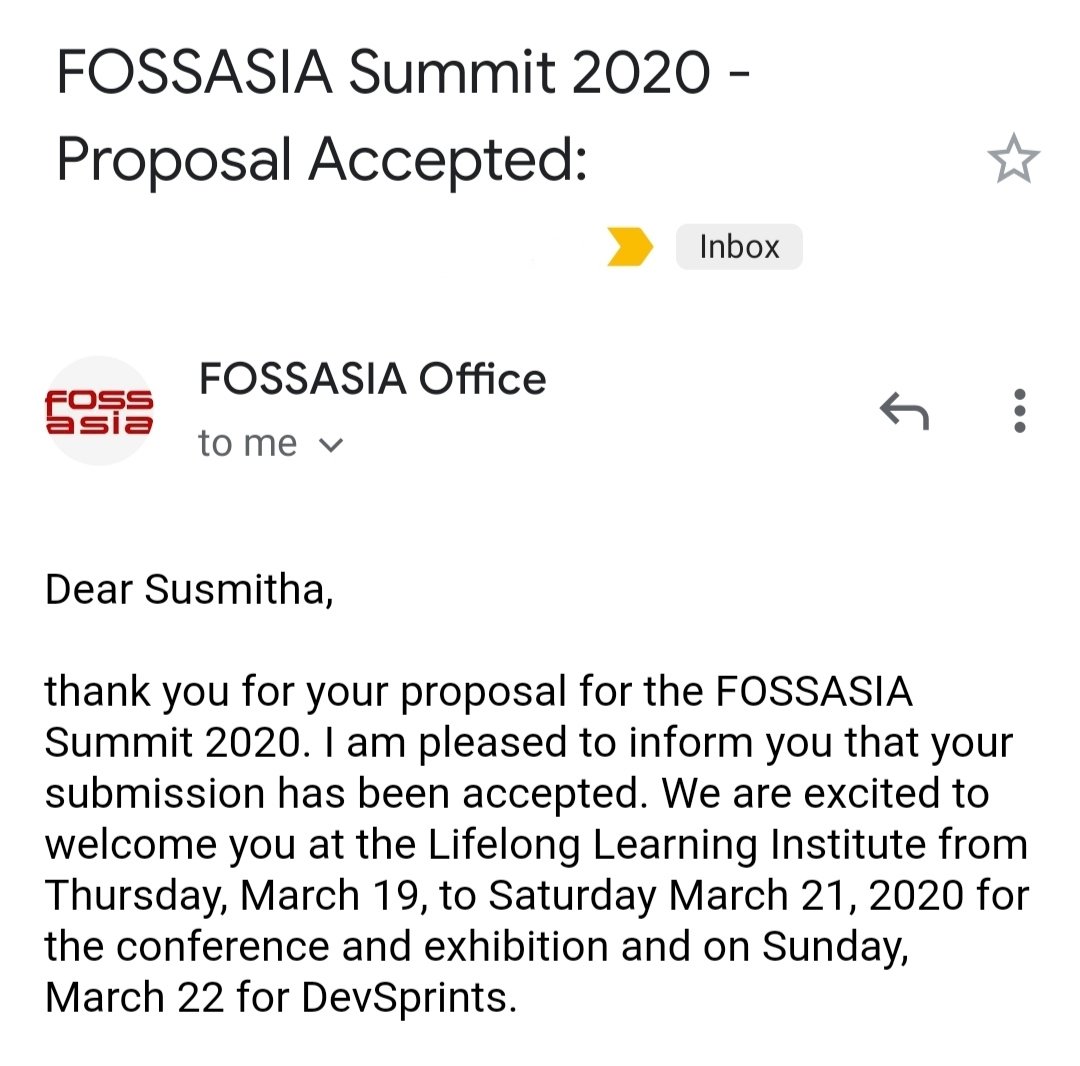 iamsusmitha's tweet photo. Yayyyyy!! 🥳🥳🎉
Happy to announce that my proposal got accepted and I'll be speaking at @fossasiasg in #Singapore 
I am very much excited than ever and can't wait to meet awesome developers around the world at @fossasia 
#speaker #opensource #OSS #foss https://t.co/07xIYgFAPq
