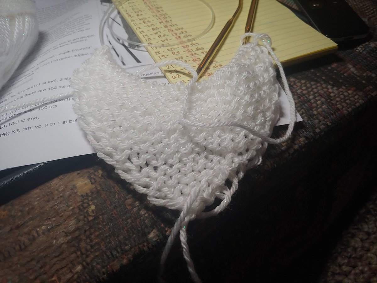 The beginnings of a shawl in sparkly white yarn.