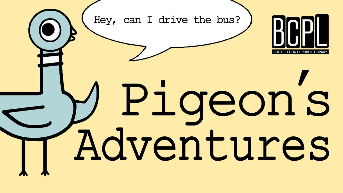 Bring the kids to the library for Pigeon games, stories, and crafts! Our first Pigeon's Adventures event will be on Monday, January 27th, 6:00 PM at Ridgway Memorial Library in Shepherdsville. #ExploreLearnEnjoy

Sign up or learn more: bcplib.org/event/pigeons-…