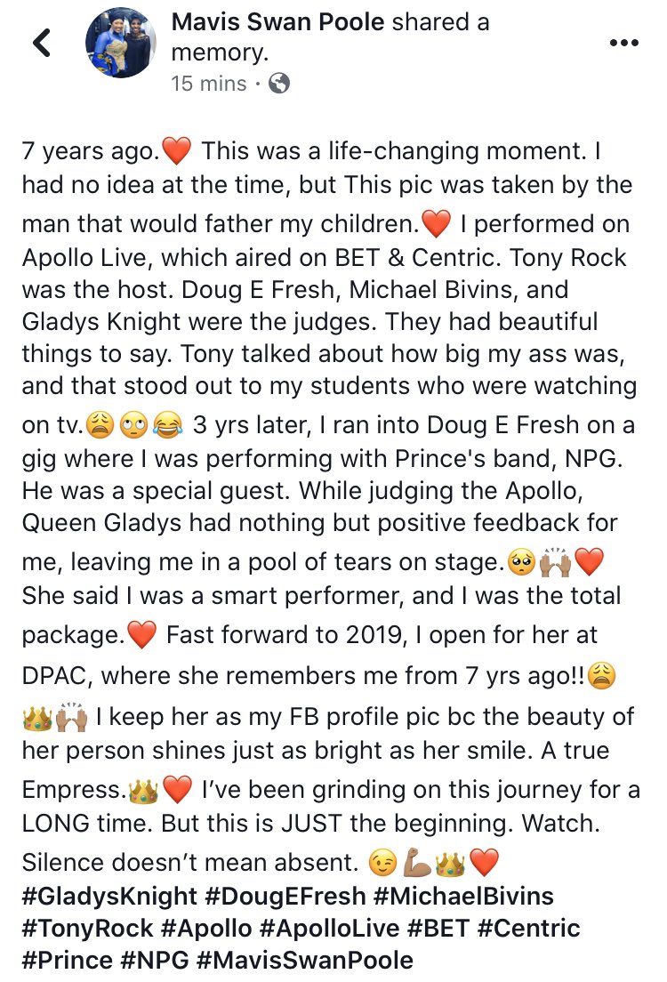 swanvocals's tweet photo. #GladysKnight #DougEFresh #MichaelBivins #TonyRock #Apollo #ApolloLive #BET #Centric #Prince #NPG #MavisSwanPoole https://t.co/Jtp7C3GsIL