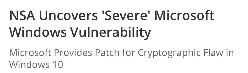 DataSecure2's tweet image. The vulnerability, which is listed as CVE-2020-060, is a spoofing flaw that affects Windows&apos; CryptoAPI, a component that handles crypto ops within the operating system. This part of the OS validates elliptic curve cryptography certificates, which allow for public-key crypto