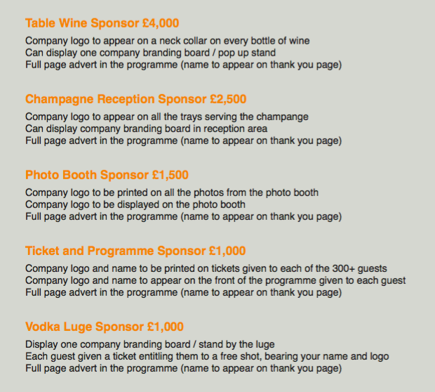 caroleccf's tweet photo. There are still #sponsorship opportunities at this year's @Kicking_off_org #Charity Ball!
See image for examples incl. #vodkaluge #photobooth #Champagne #tickets #programme
#theballisback
Get in touch - me or fellow Trustee, @_HelenMackenzie for more info!
#SMEs #biztips https://t.co/w2HKIAETHO