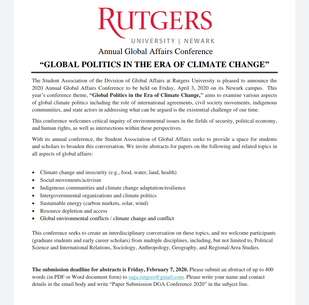 Rutgers_DGA's tweet photo. 📢 #CALLforPAPERS
ℹ️ @Rutgers_DGA
👉 Global Politics in the Era of #ClimateChange
🏫 @Rutgers_Newark campus
🤓 Graduate students and early-career scholars from around the world
🔜 Deadline February 7
#Rutgers #RutgersUniversity https://t.co/G3Ci0oe1RJ