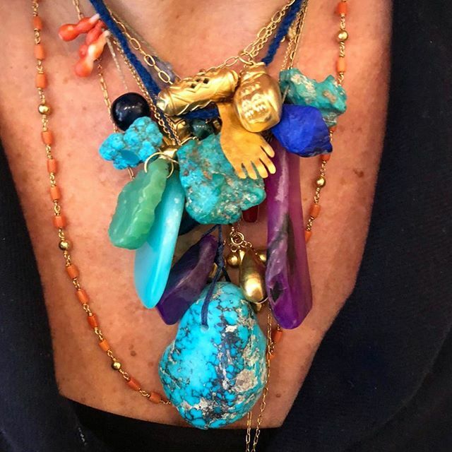 pippasmall's tweet photo. A neck full of sky blue turquoise, regal purple sugilite, hopeful green chrysoprase and a hint of glowing Afghan lapis #PippaSmallJewellery #LessonsinLayering #Turquoise #Lapis #Sugilite #Chrysoprase #Ethicaljewellery https://t.co/tODgOBl8iH