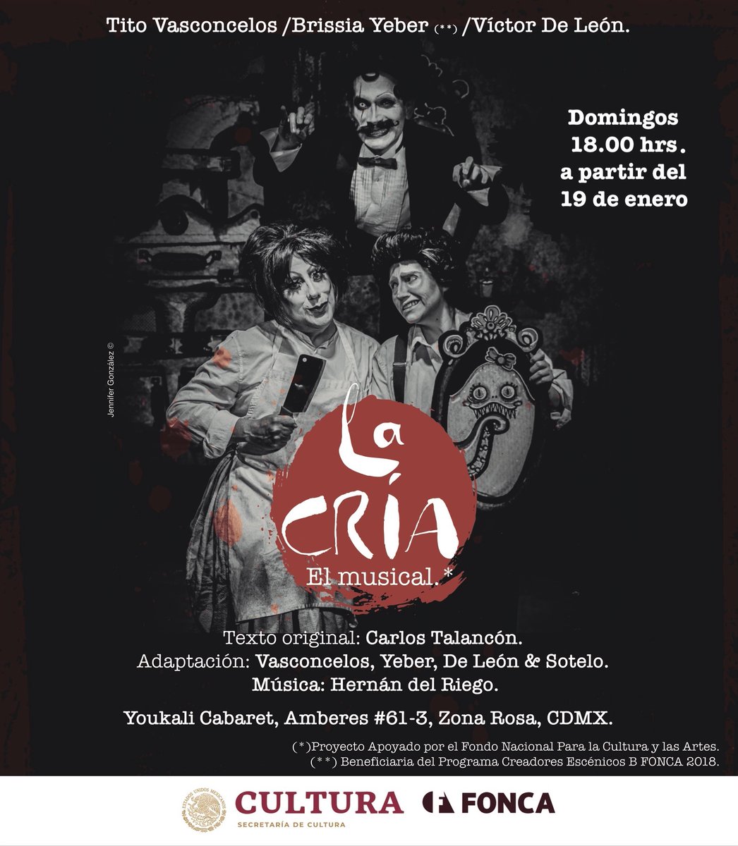 DOMINGO 19 DE ENERO 18.00 HRS.
Reestreno de @LaCría / El Musical
Con <a href="/Ti7ov/">Vasconcelos Tito</a> <a href="/BrissiaYeber/">Bri Yeber</a>  <a href="/victorleonactor/">Víctor De León</a>  
No te la pierdas
Reserva ya al WhatsApp 55 4342 9802.
Para el estreno 2x1 todas las localidades.
Amigaytors, ¿nos ayudan con un #RT