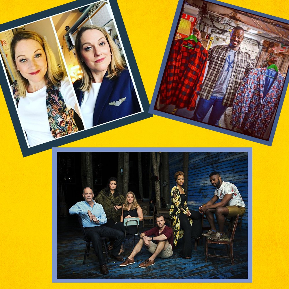 Photos of Standby's in CFA Broadway cast in costume together in front of a yellow background with a blue frame. 