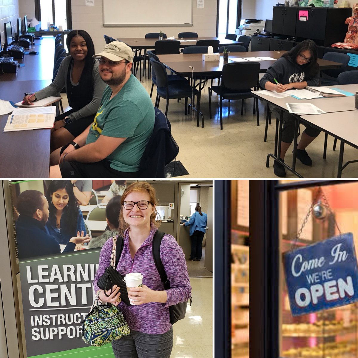 (Top left to right) BreLeonna, Brittany, and Landon are the first folks in for the new semester! We are officially open, Warhawks, so come by and get an early start on your success this spring! #aumlcisl