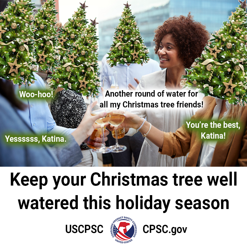 A woman at a bar buy rounds of water for all her christmas tree friends. They cheer as she passes around the drinks. The text reads: Water your tree.