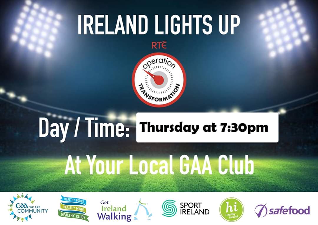 fuertygaa's tweet photo. The ‘Ireland Lights Up’ walking initiative continues tomorrow here at Mulhern Park in partnership with the GAA, Operation Transformation, and Get Ireland Walking. 

We start from 7:30pm. We look forward to seeing you there. https://t.co/E2mRwwbaY3