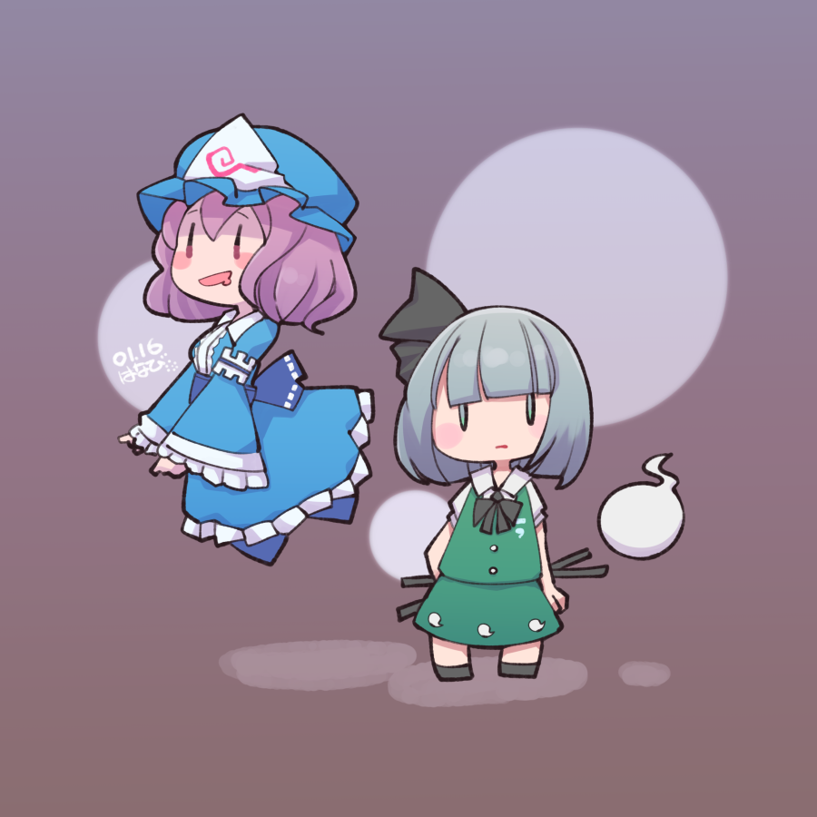 konpaku youmu ,konpaku youmu (ghost) ,saigyouji yuyuko 2girls multiple girls hat green skirt pink hair grey hair skirt  illustration images