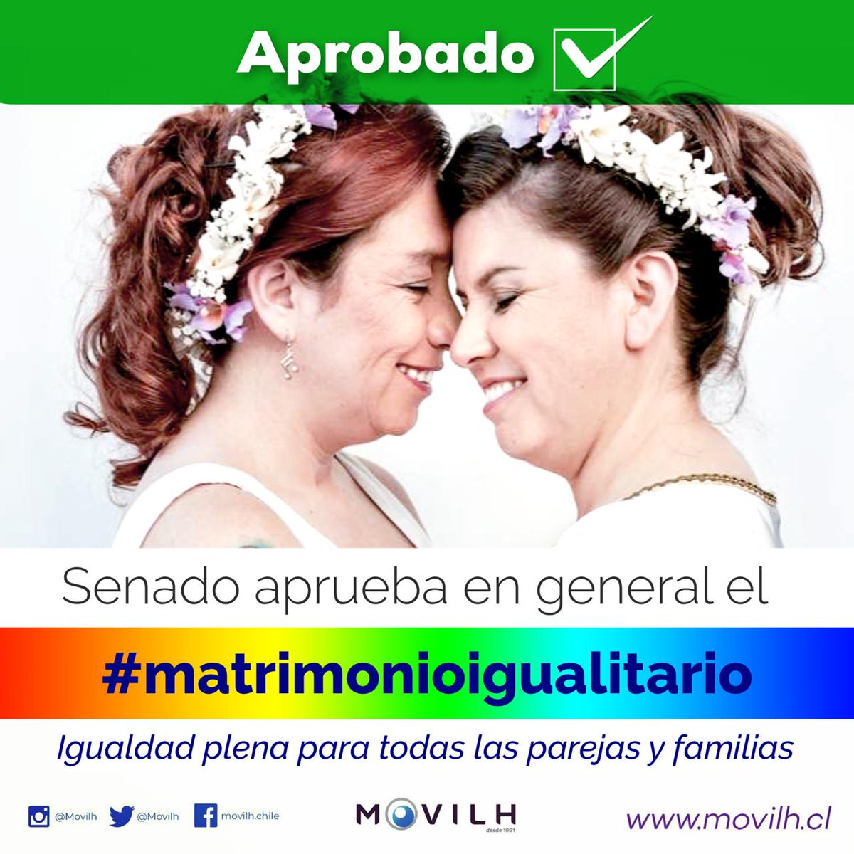 Movilh's tweet photo. Hito: por 22 votos a favor, 16 contra y 1 abstención el Senado aprueba en general el #MatrimonioIgualitario. Hoy dimos un gran nuevo paso para un país más digno. Así gusta Chile. Así da orgullo. Vamos por más. Igualdad para todas las familias y parejas. https://t.co/HqVot2RInF