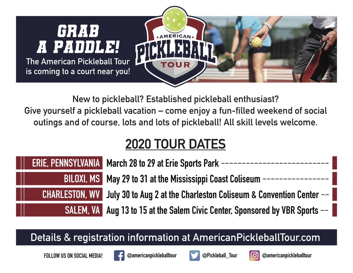 Mark your calendars, the tour dates are set! 🏓 Registration for the 2020 series opens next week - Stay up to date and sign up for our newsletter at AmericanPickleballTour.com!
