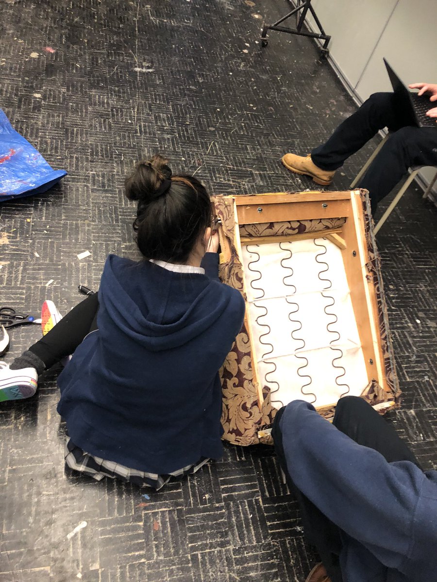 MsBudgell's tweet photo. Alec and Clara enthusiastically prepare an armchair for a much needed update for our upcoming @OttawaCappies production of The 39 Steps! #macdrama #whymac #ocsbArts @ImmaculataOCSB @ImmaculataArts #ottawatheatre #theatre https://t.co/sWx1TnNNVB